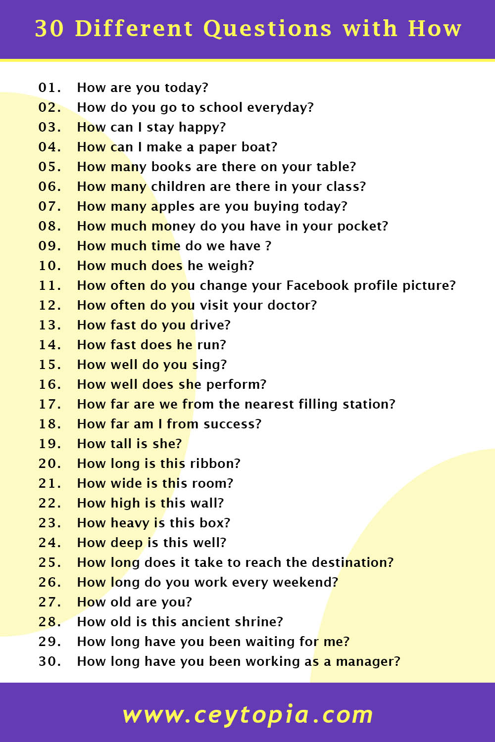 30 Different Questions with How english